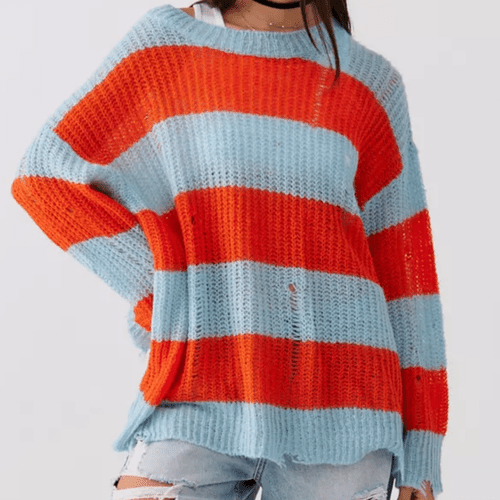 Urban Outfitters UO Alston Distressed Pullover Sweater in orange and baby blue stripe