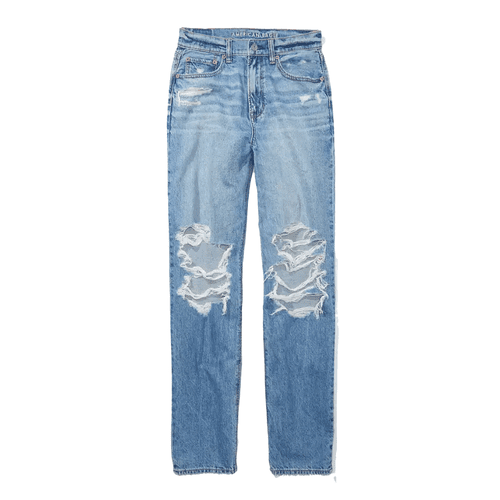 American Eagle AE Strigid Ripped Highest Waist Baggy Straight Jeans in medium indigo wash